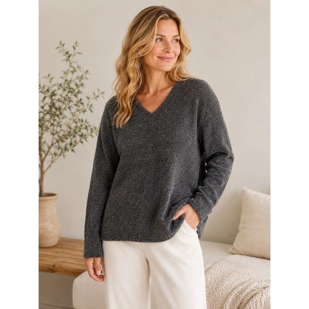 Barefoot Dreams CozyChic® Open V-Neck Pullover in Carbon-Smokey Gray‎ NWT L